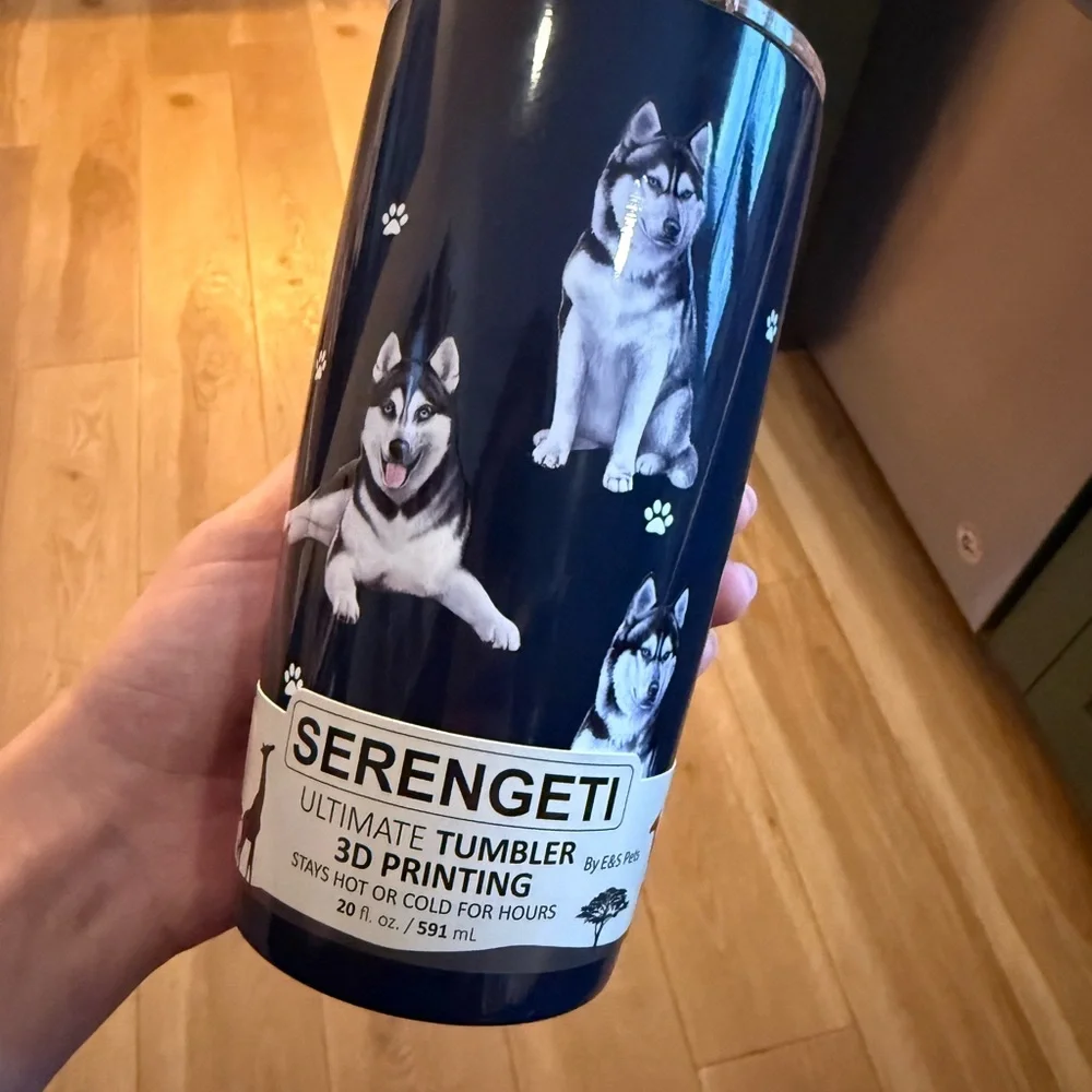 Brand new Serengeti Black Dog Tumbler with Husky Design